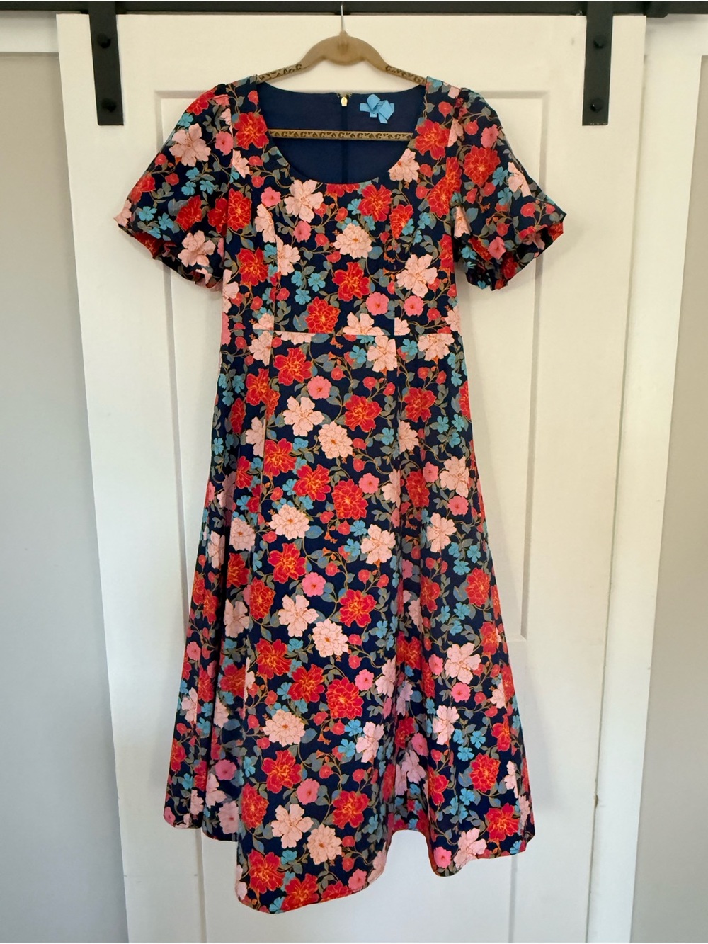 Draper James Navy Floral Midi Dress with Pink & Red Blooms